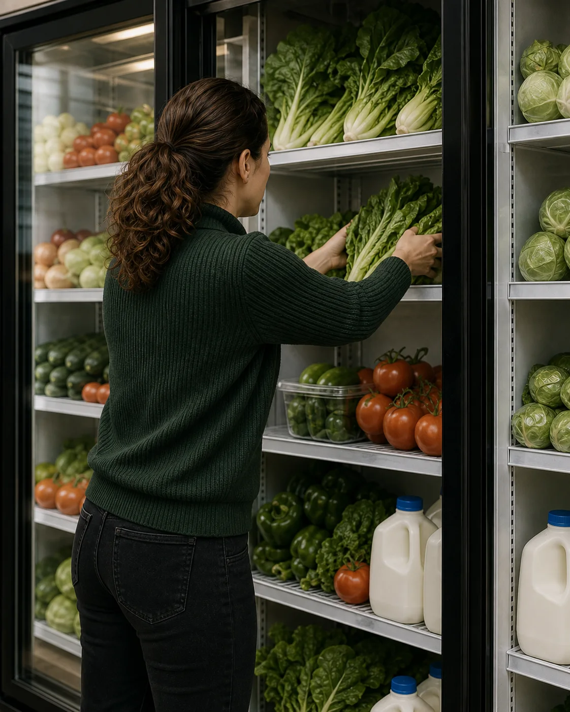 AI-generated illustration of a pantry staff member stocking a refrigerator
