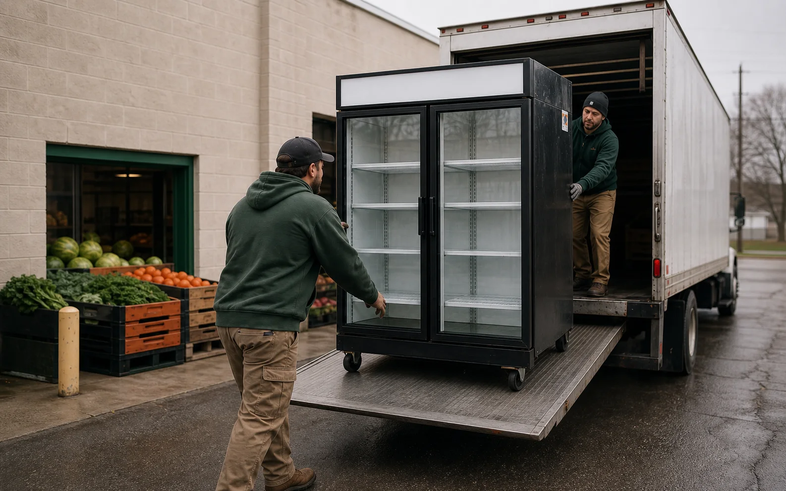 AI-generated illustration of workers unloading a commercial refrigerator